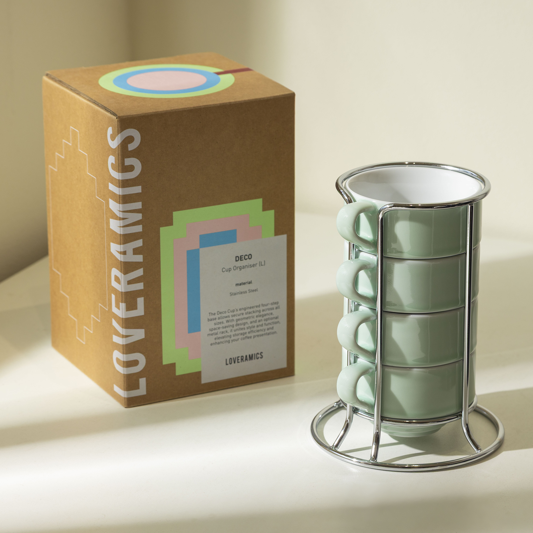 Loveramics Deco cappuccino cup in celadon green glaze set of four 7oz cups with large organiser , stackable coffee mugs crafted for barista brewing.