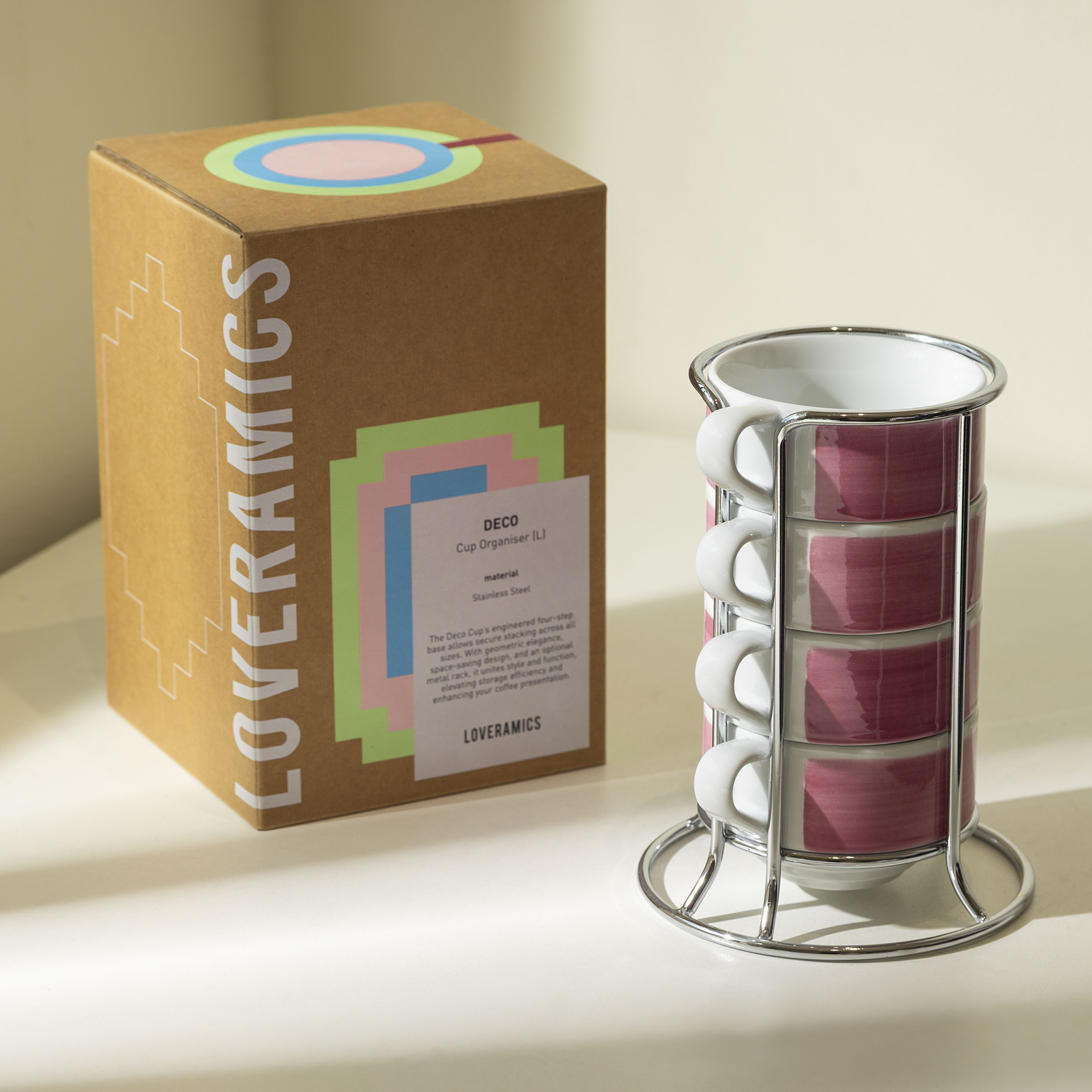 Loveramics Deco set of 4 x 7oz cappuccino cups in pink handpaint glaze with organiser, stackable ceramic coffee mugs for latte art or barista brewing.