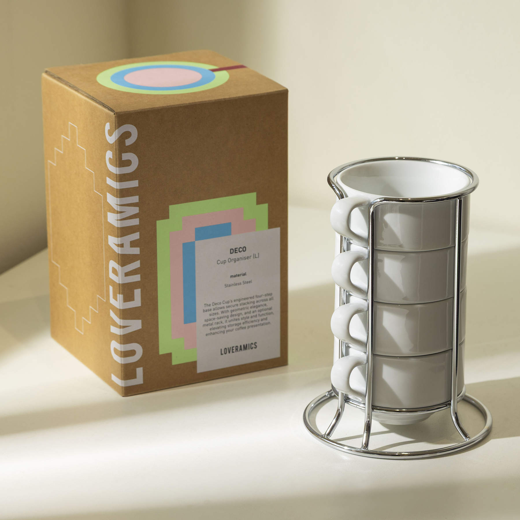 Classic Loveramics Deco set of four 7oz cappuccino cups with cup stand in white glaze, porcelain stacking mugs for latte art and professional coffee service.